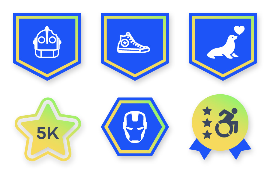 Digital badges that users can earn, with examples showing Iron Giant, a Converse sneaker, a 'seal of approval,' a 5K point benchmark, Ironman, and an accessibility certification badge
