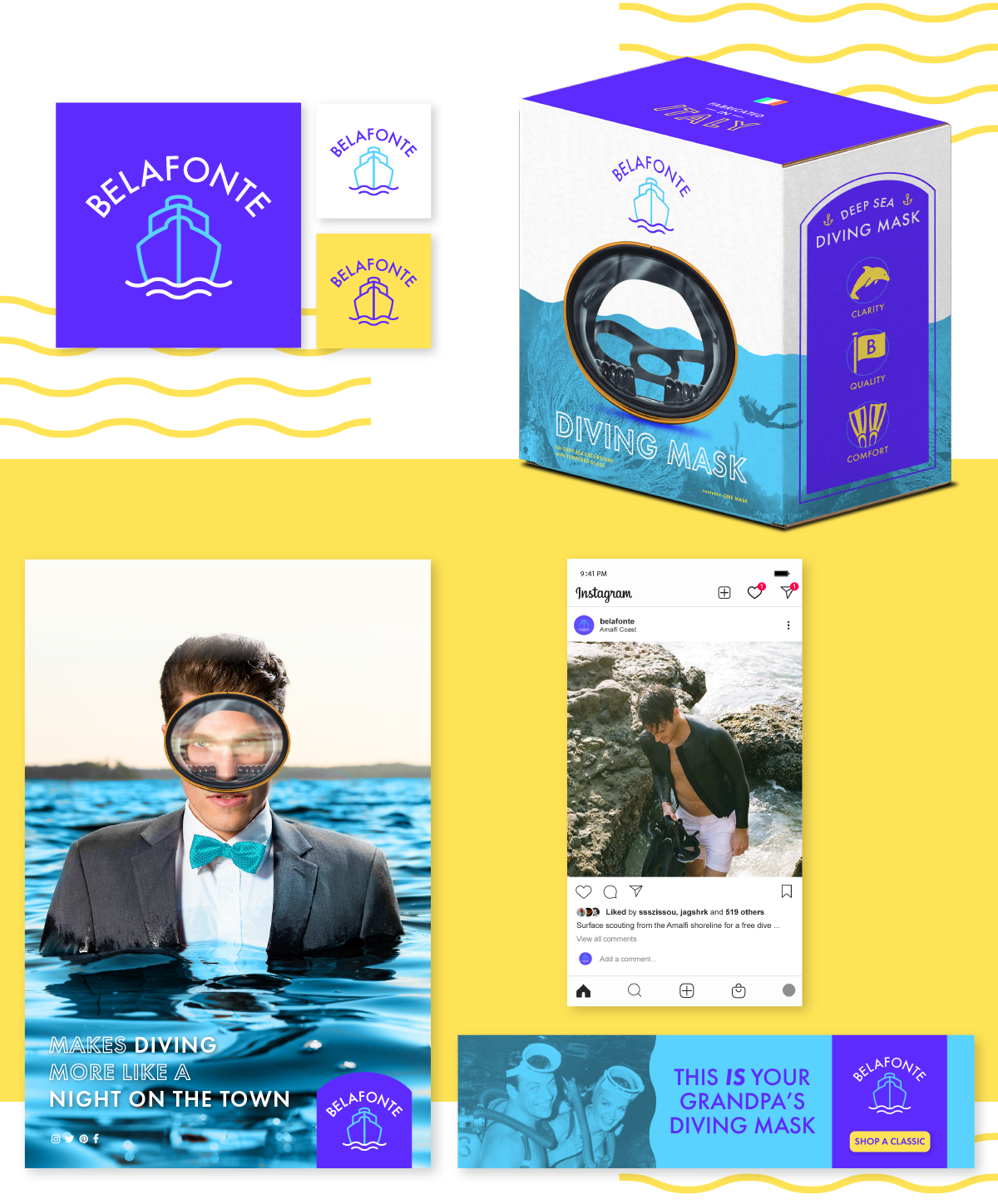 Logo design, packaging, print ad, web ad, and social media designs for a diving mask retail brand.