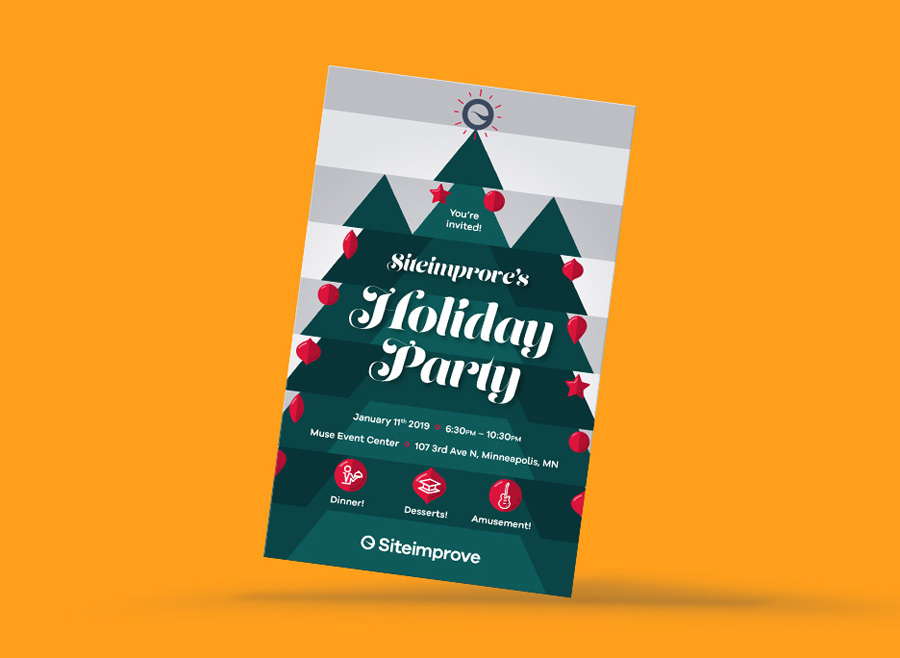 Whimsical holiday party invitation featuring abstract pine trees decorated with classic ornaments