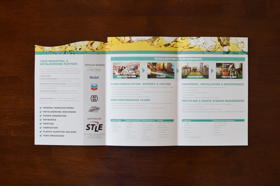 Oil brochure inside spread with graphics and selling points