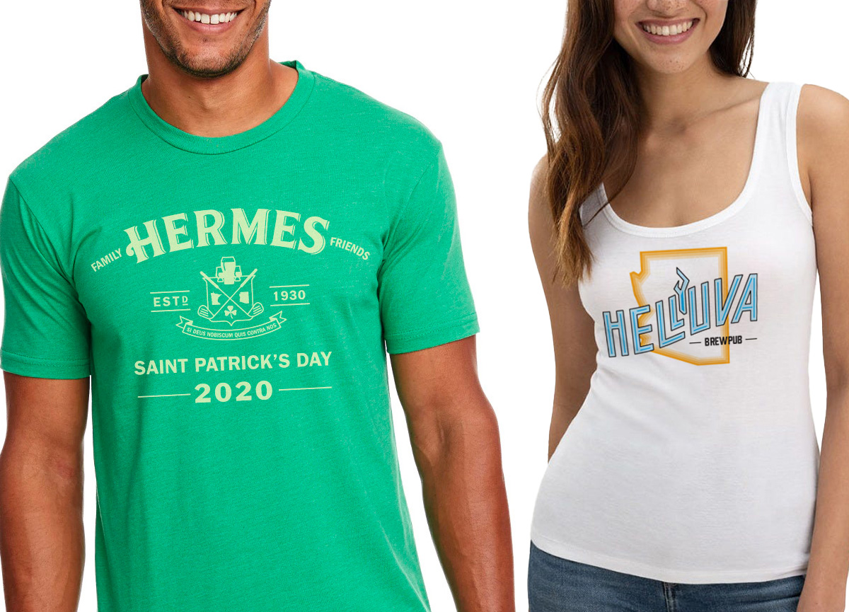 Man wearing green Irish whiskey style shirt and woman wearing a white tank with a modern brewery logo on it
