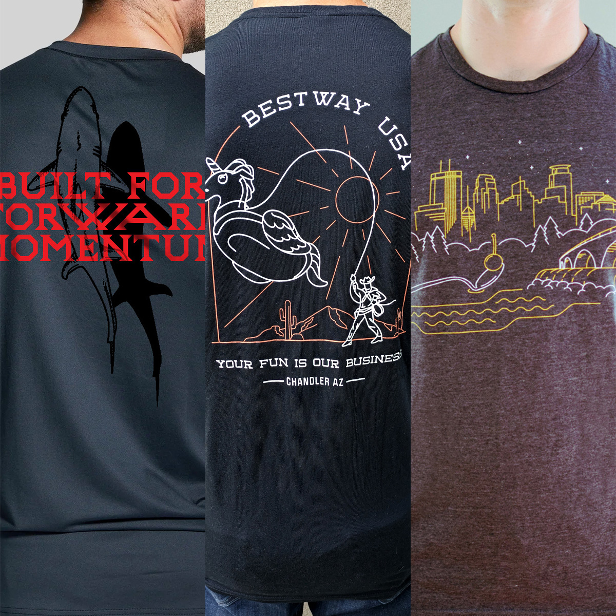 Three graphic tee designs shown on 3 different mens' shirts.